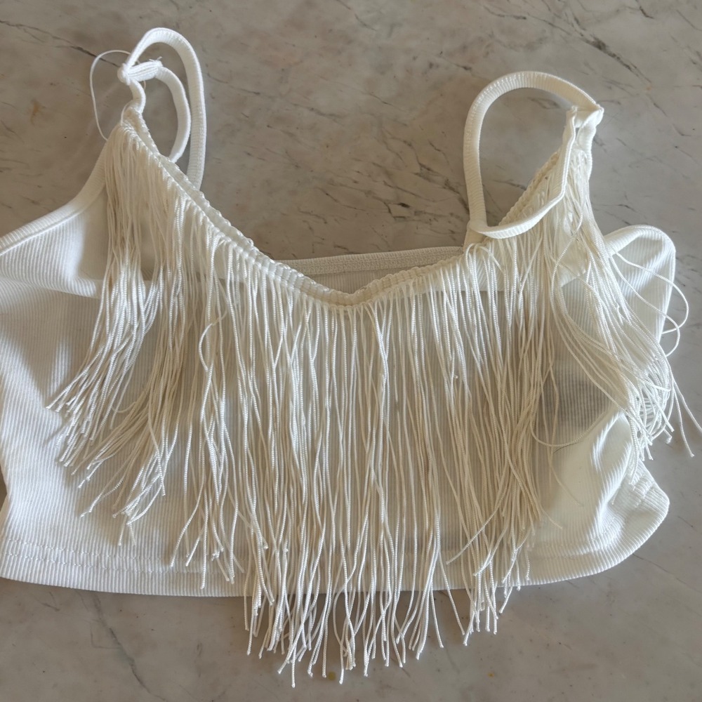 SHEIN White Ribbed Fringe Trim Crop Top V-Neck Spaghetti Strap Cami Small S 4